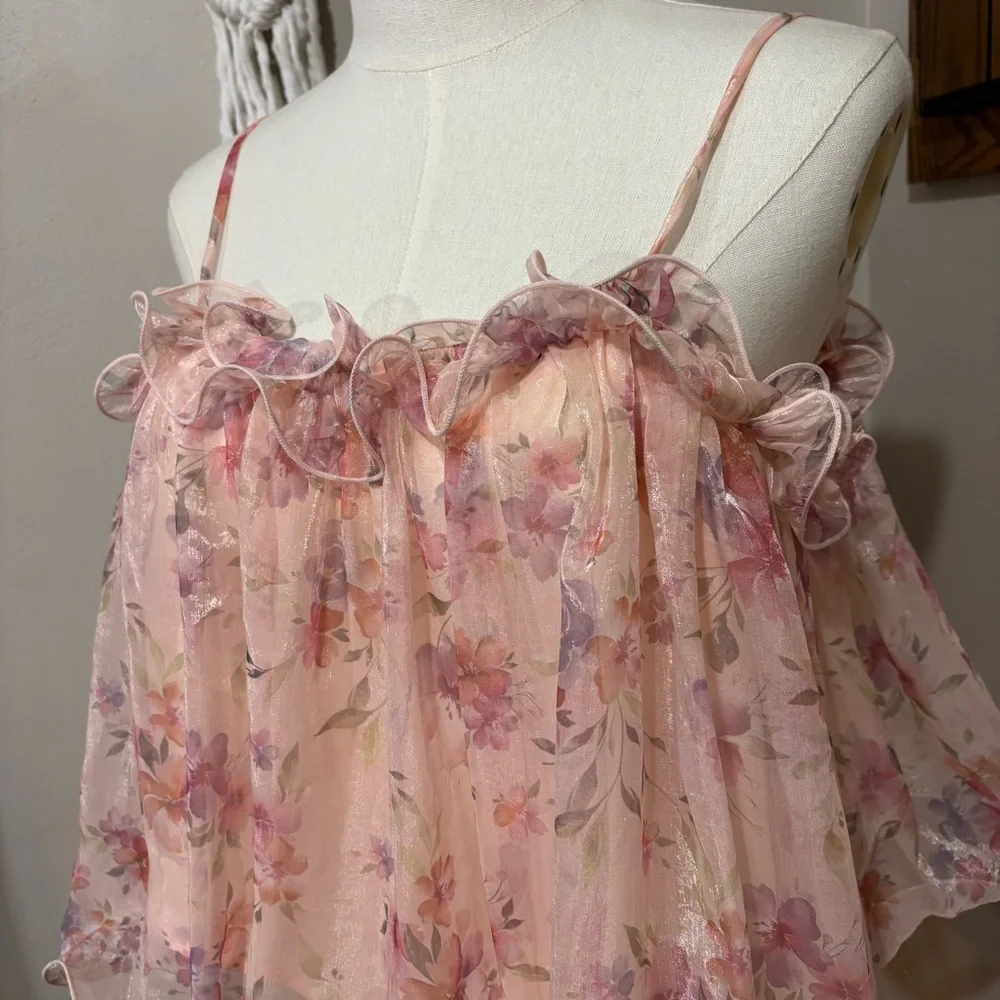 Pink Floral Chiffon Camisole Top Ruffle Tiered Spaghetti Strap Size Large - Picture 2 of 8